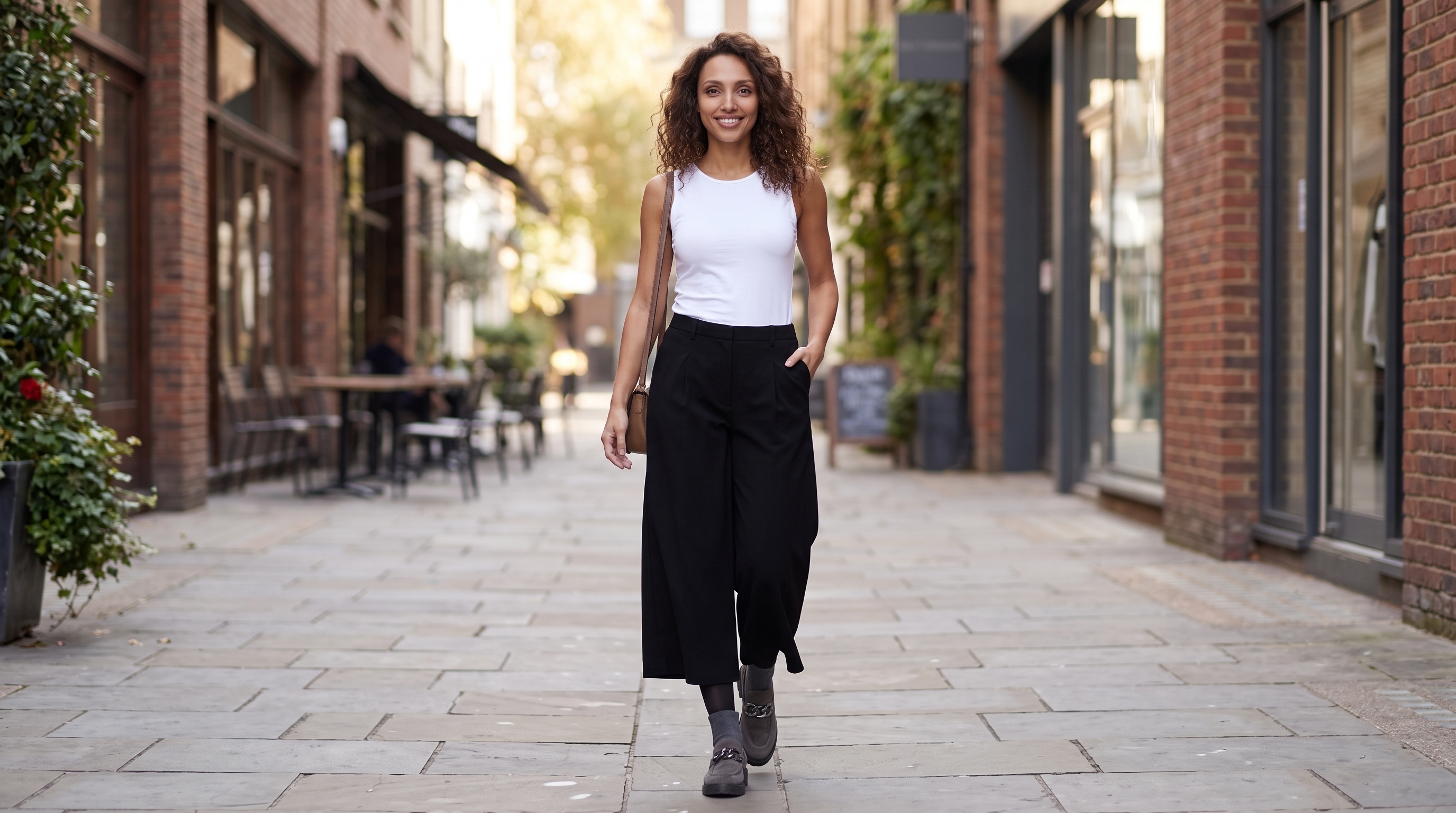 Femininer Look mit langem schwarzem Rock auf einer sonnigen Strandpromenade