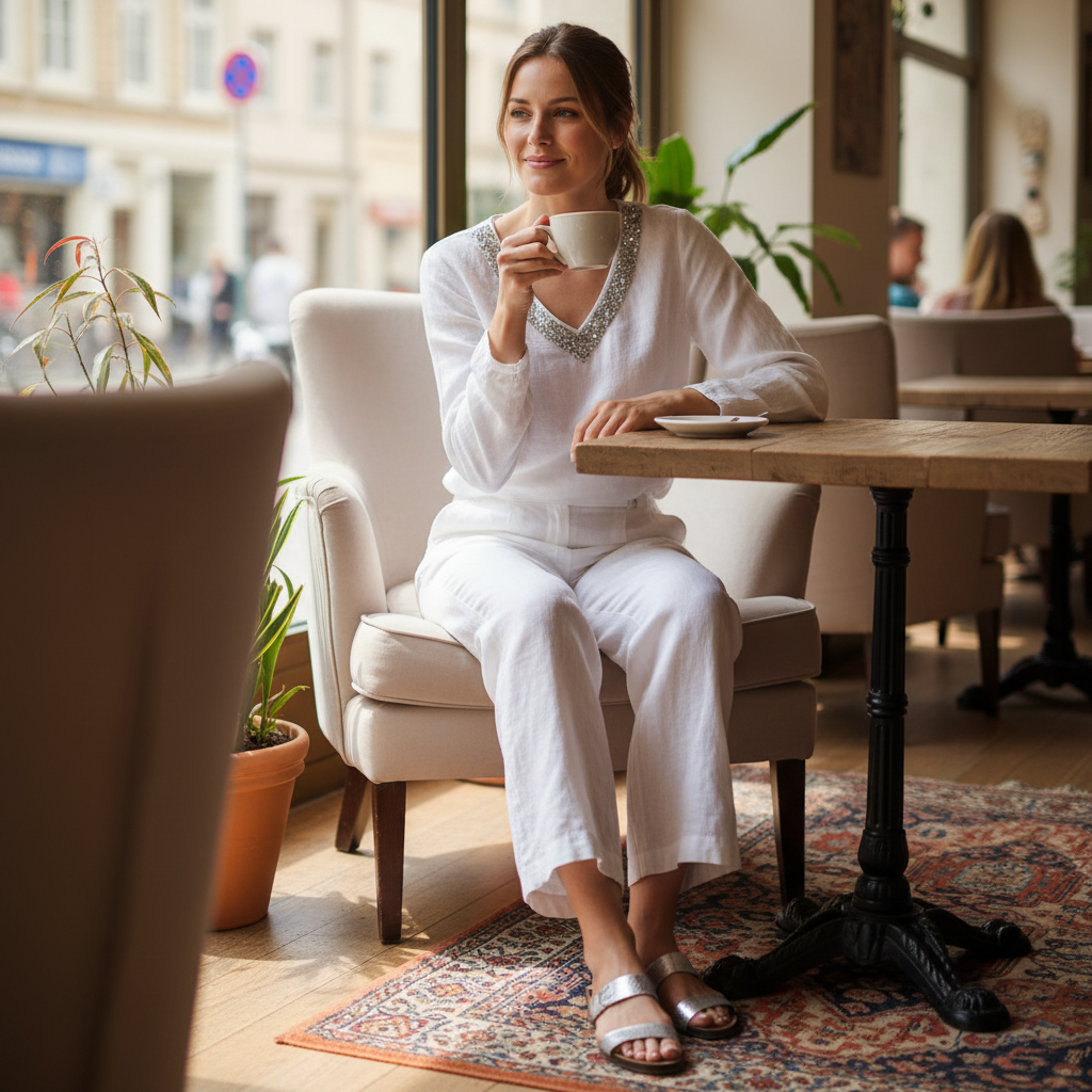 Weit geschnittene Leinenhose mit Bundfalte in hellem Beige