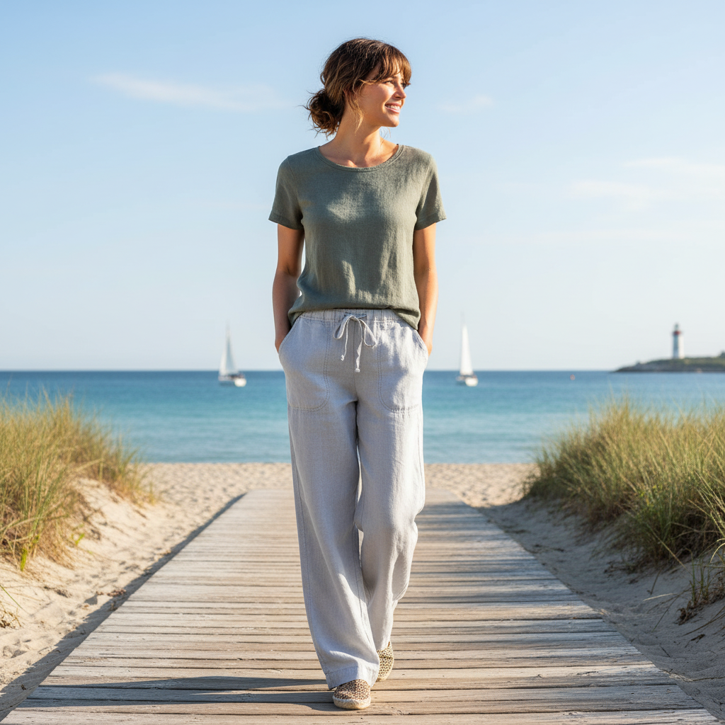 Elegante Leinenhose in hellem Naturton mit maritimer Bluse auf einer sonnigen Hafenpromenade