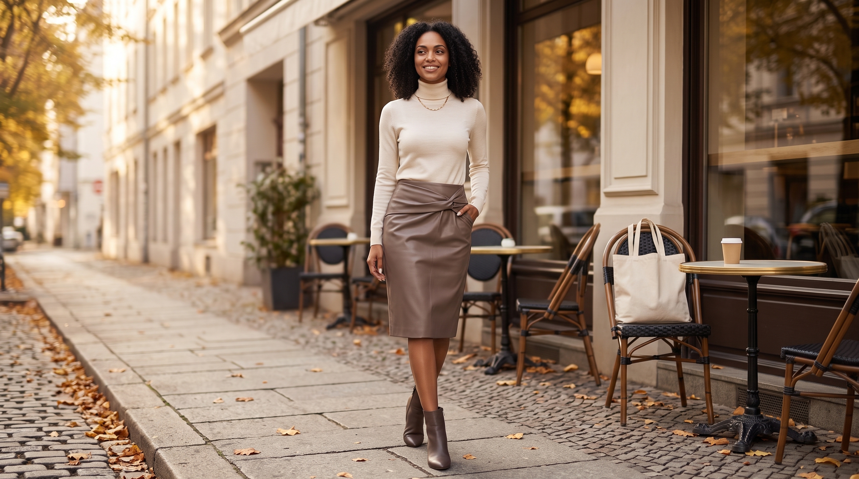 Femininer Herbstlook mit Midi-Rock, warmen Farben und urbaner Kulisse