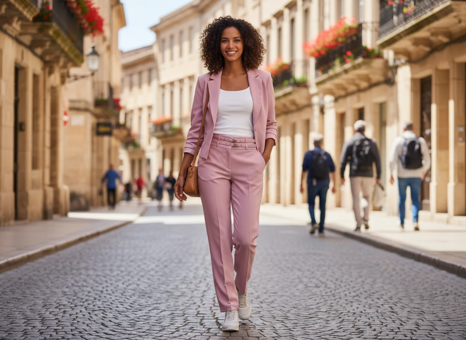 Elegante Frau in modernem City-Outfit vor einer sonnigen Altstadtgasse mit Café-Tischen Elegante Frau in modernem City-Outfit vor einer sonnigen Altstadtgasse mit Café-Tischen