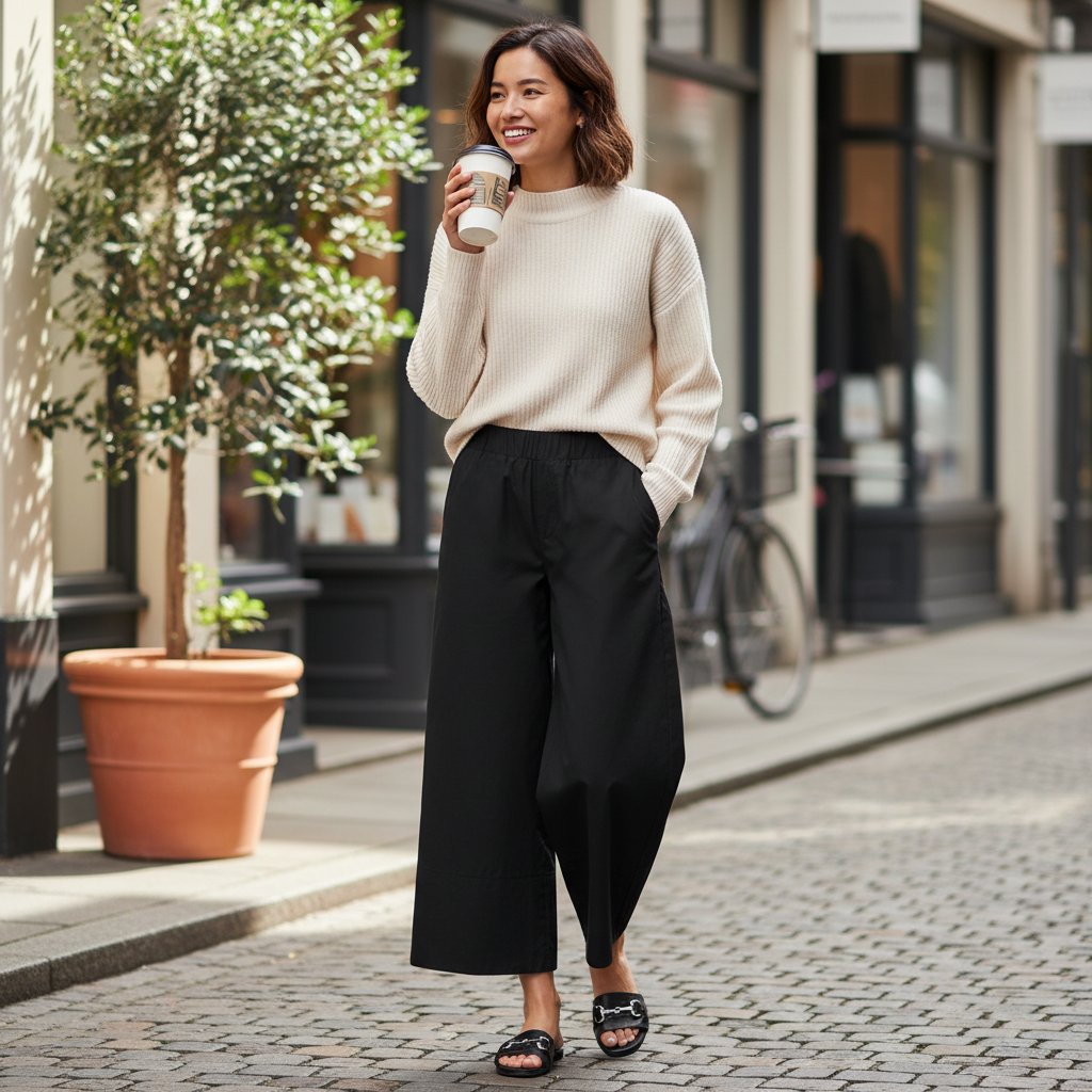 Culotte mit weitem Bein und betonter Taille in hellem Naturton