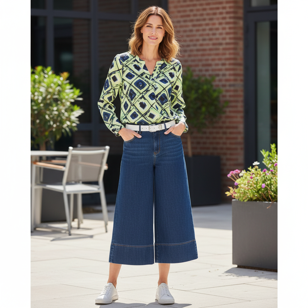 Leinentunika zur Culotte auf einer sonnigen Promenade am Meer