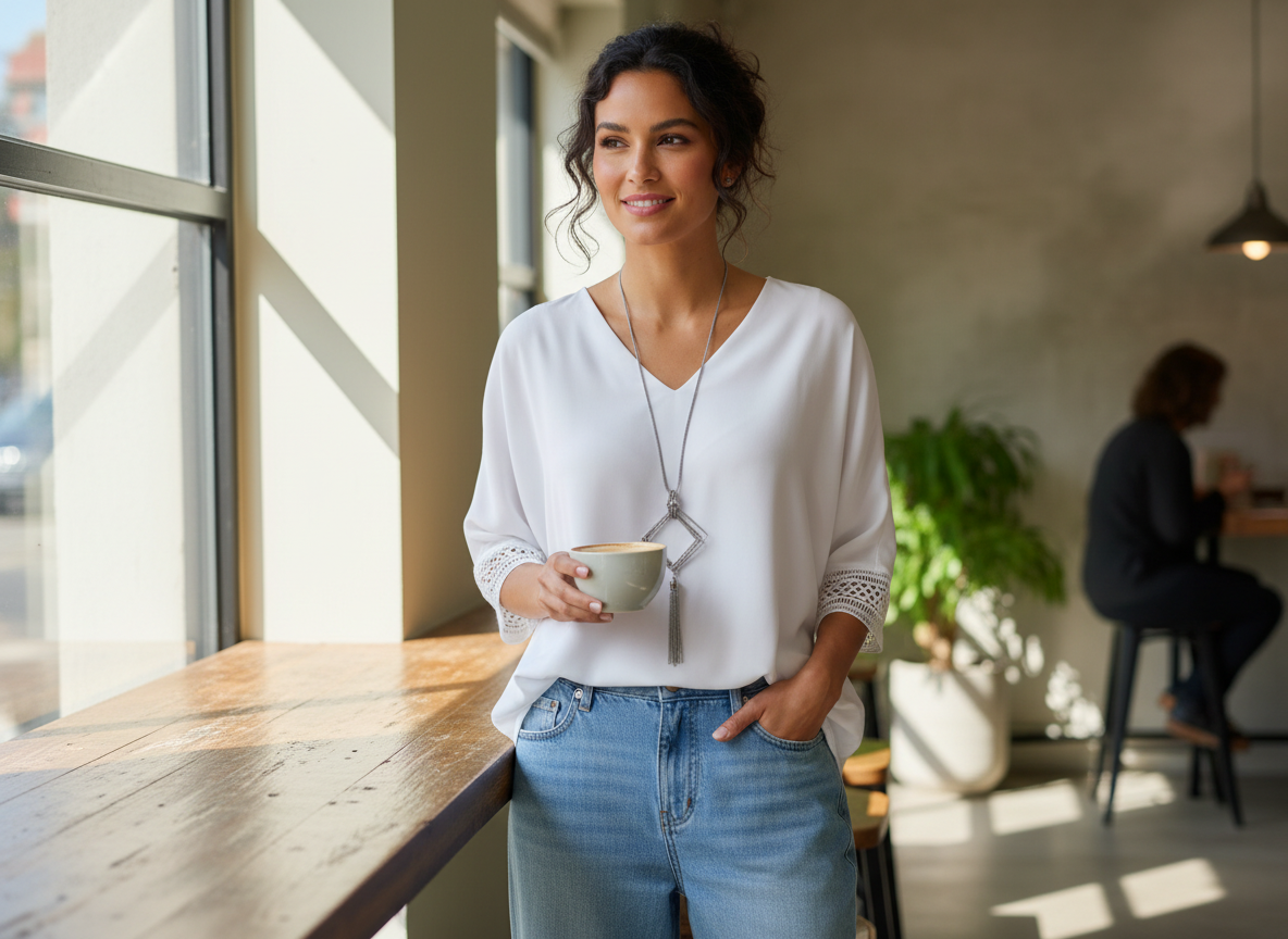 Femininer Look mit V-Ausschnitt, weiter Hose und eleganter Tasche auf einer sonnigen Terrasse