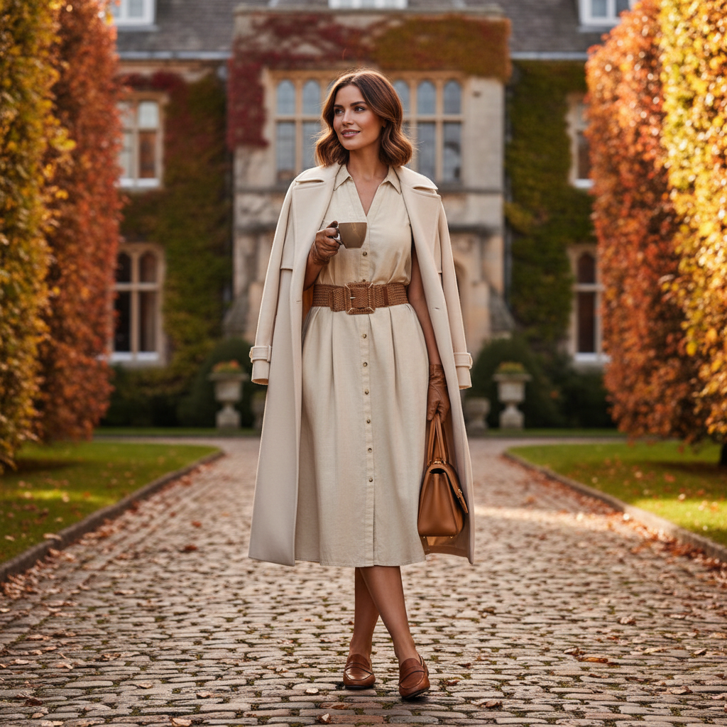 Frau in elegantem Midikleid vor historischer Fassade