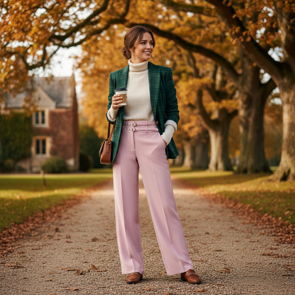 Frau in hochwertiger Stoffhose und tailliertem Blazer auf herbstlicher Stadttreppe