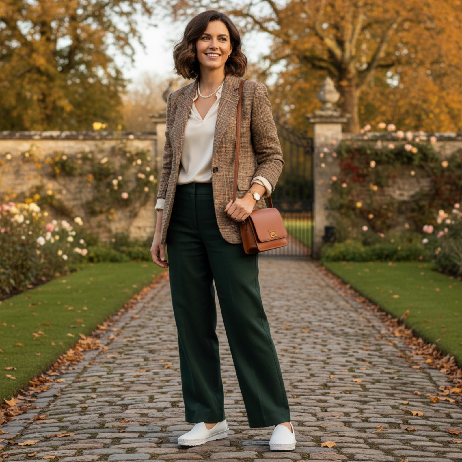 Elegante Loafer auf Kopfsteinpflaster mit herbstlichem Laub Elegante Loafer auf Kopfsteinpflaster mit herbstlichem Laub