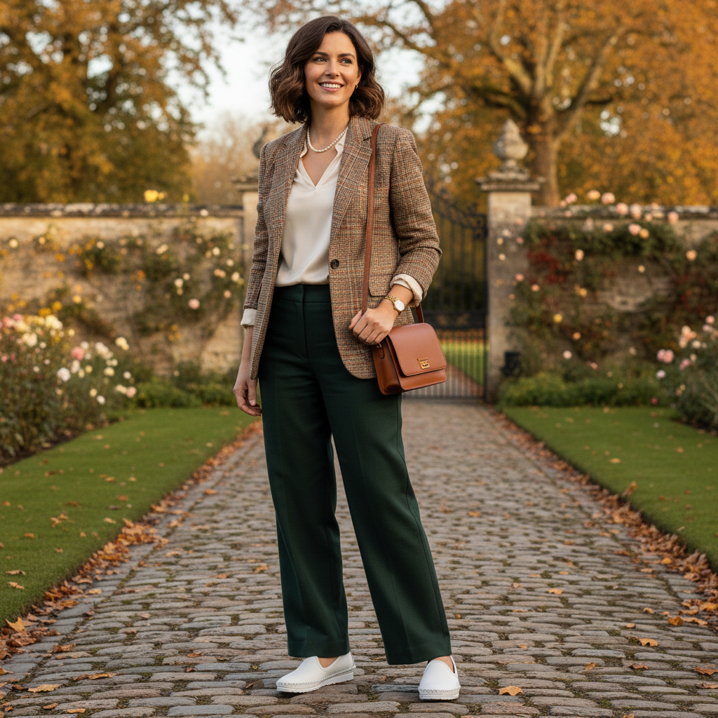 Elegante Loafer auf Kopfsteinpflaster mit herbstlichem Laub