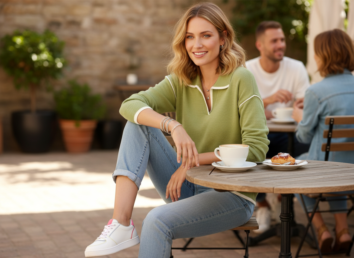 Elegante Frau mit Cappuccino an einem hellen Fensterplatz in einem stilvollen Café