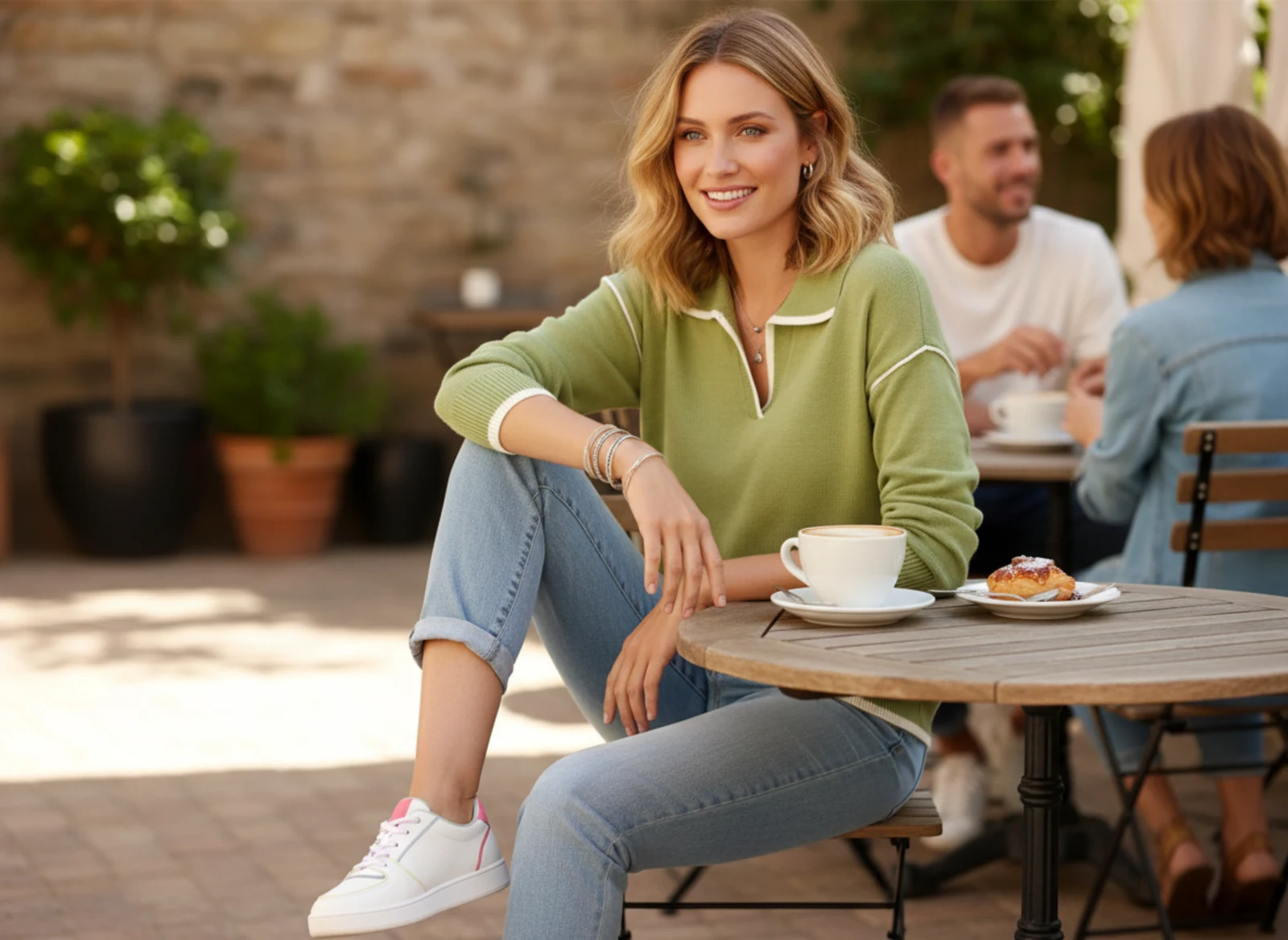 Elegante Frau mit Cappuccino an einem hellen Fensterplatz in einem stilvollen Café Elegante Frau mit Cappuccino an einem hellen Fensterplatz in einem stilvollen Café