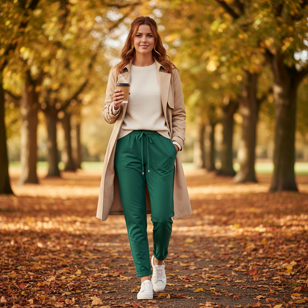 Detailaufnahme einer elegant fallenden Hose mit feiner Struktur