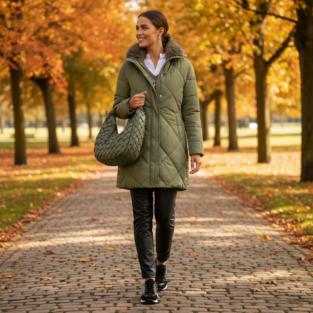 Frau in taillierter Steppjacke auf herbstlichem Kiesweg vor Stadtvilla