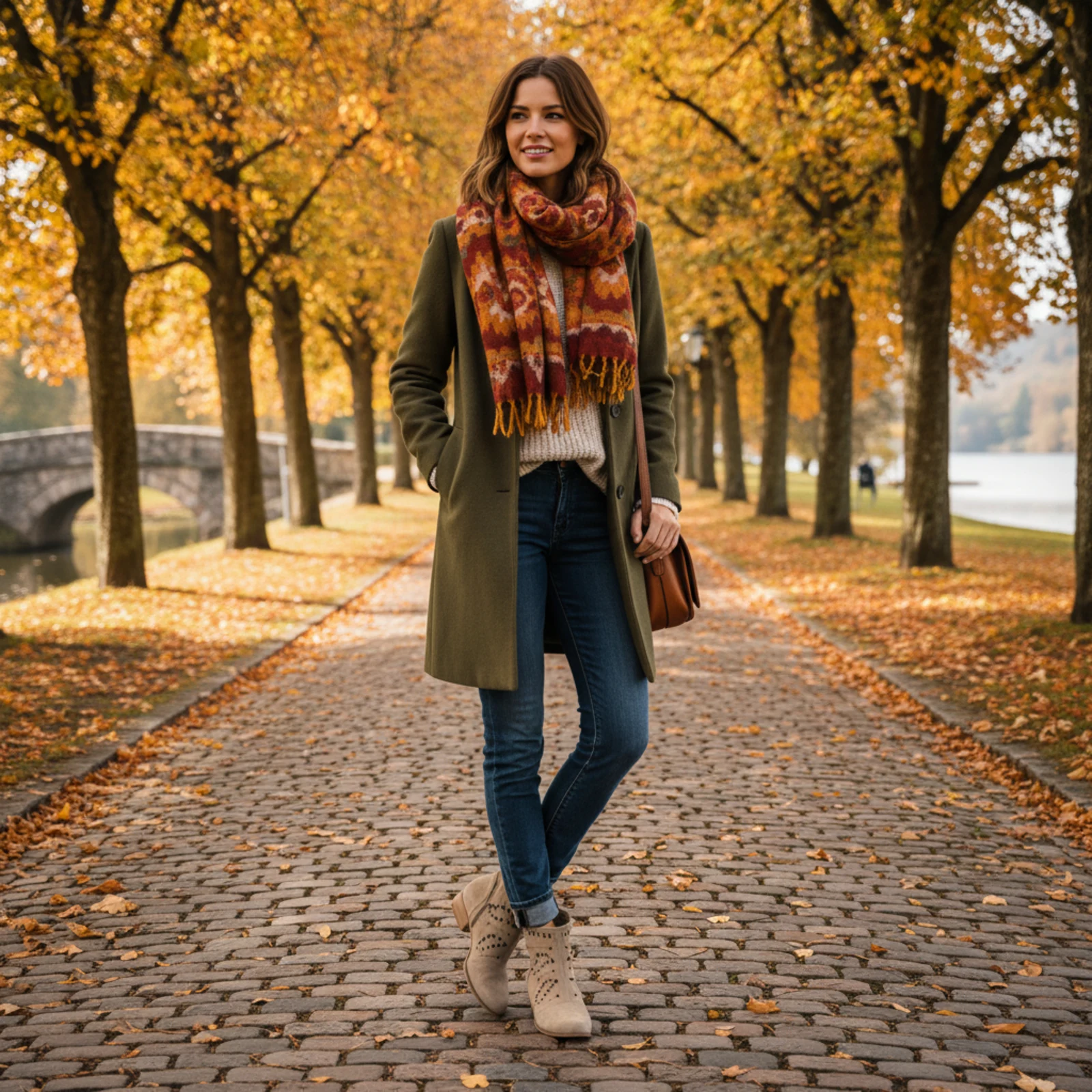 Elegante Stiefeletten auf nassem Laubweg, kombiniert mit schmal geschnittener Hose Elegante Stiefeletten auf nassem Laubweg, kombiniert mit schmal geschnittener Hose