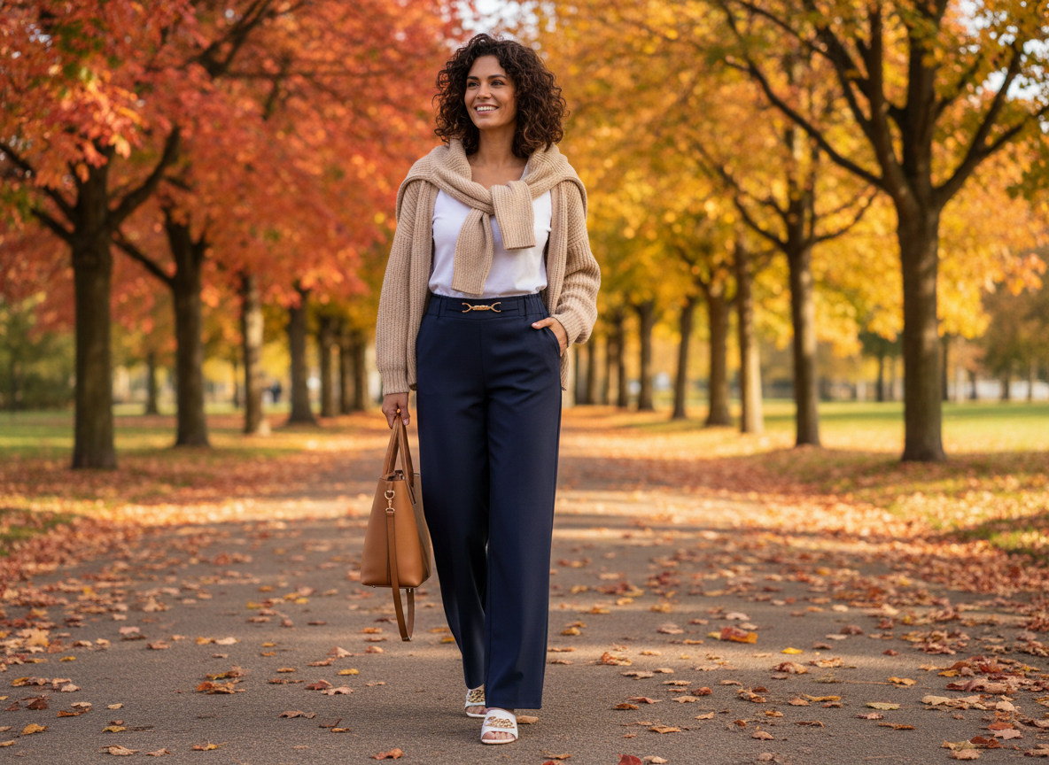 Elegante Frau auf herbstlicher Promenade mit Laub, weichem Licht und modernem Layering-Look