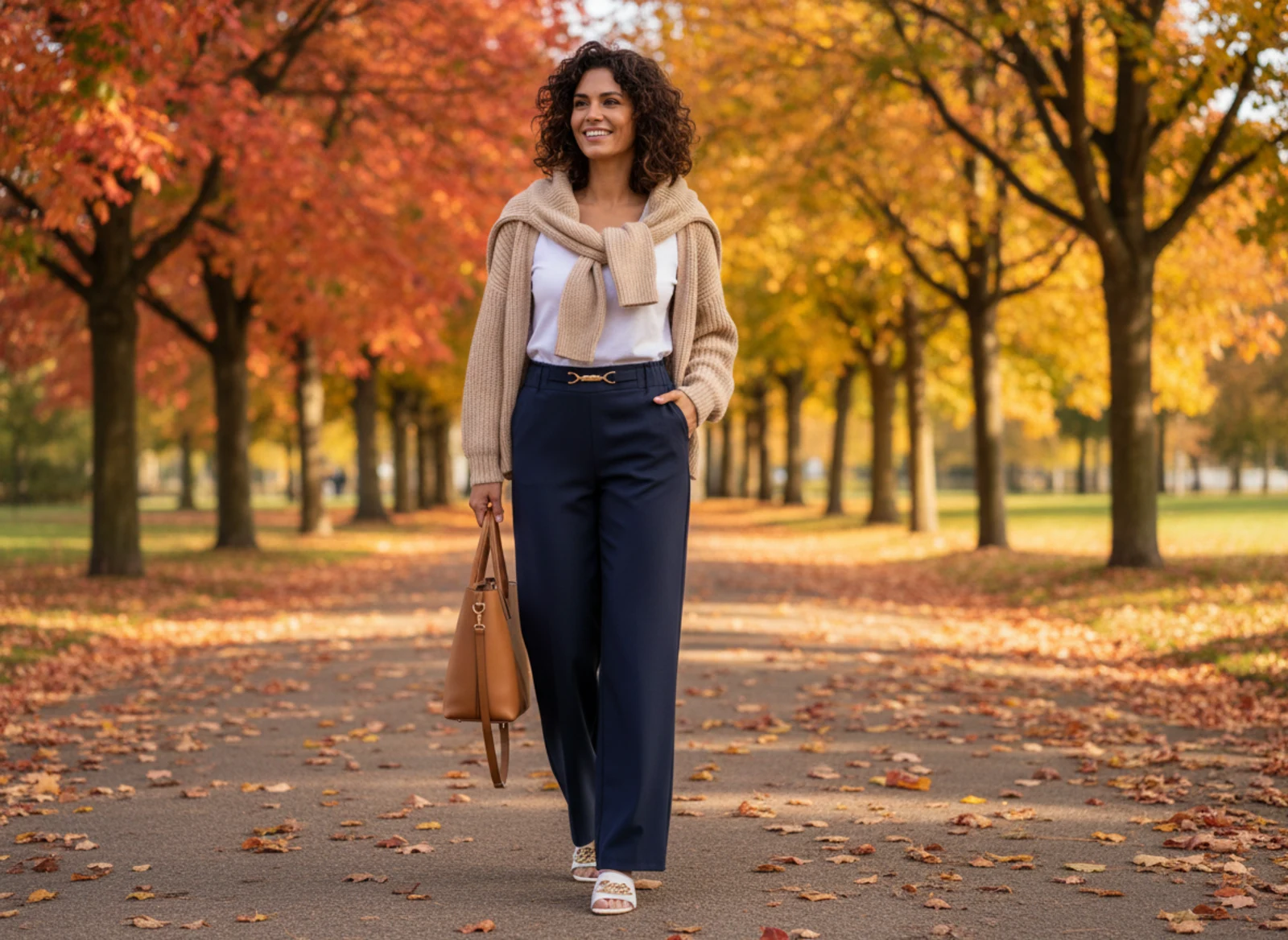 Elegante Frau auf herbstlicher Promenade mit Laub, weichem Licht und modernem Layering-Look Elegante Frau auf herbstlicher Promenade mit Laub, weichem Licht und modernem Layering-Look