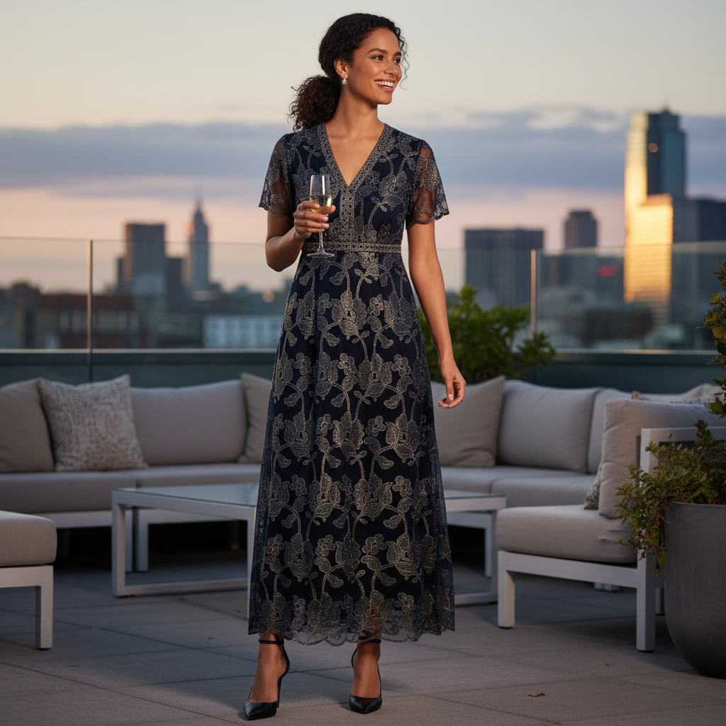 Fließendes Midikleid in Abendfarbe auf einer stilvollen Dachterrasse