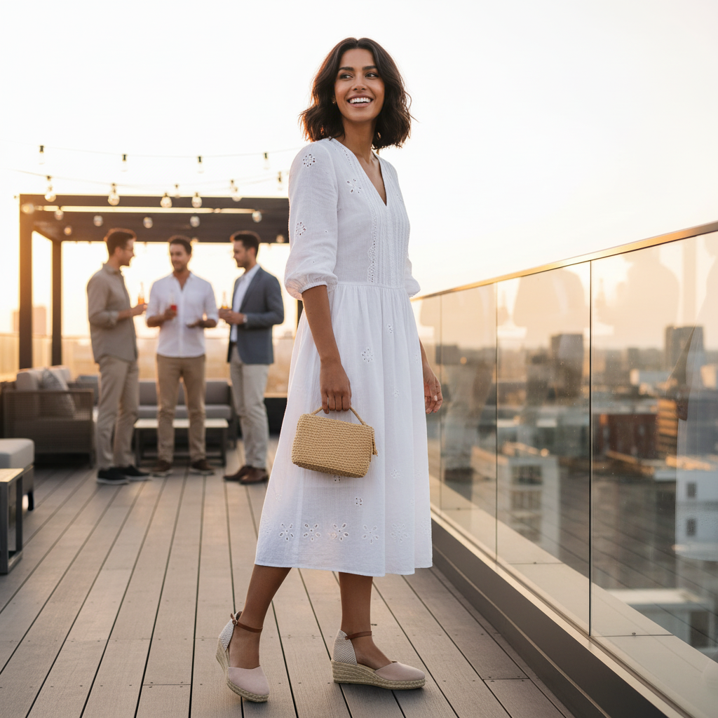 Elegante Absatzsandalen auf hellem Terrassenboden mit Blick über die Stadt