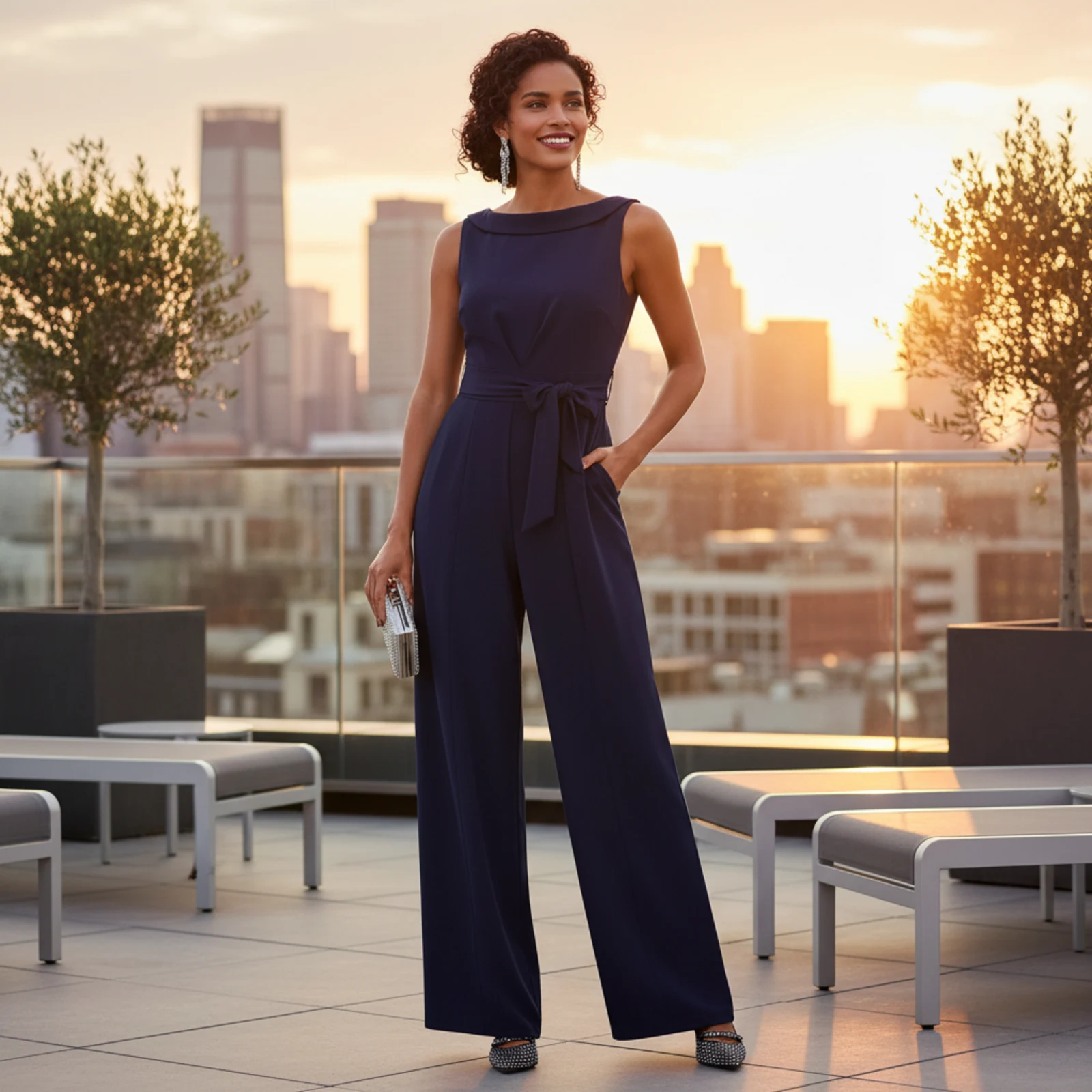 Eleganter Jumpsuit in fließender Qualität vor nächtlicher Skyline Eleganter Jumpsuit in fließender Qualität vor nächtlicher Skyline