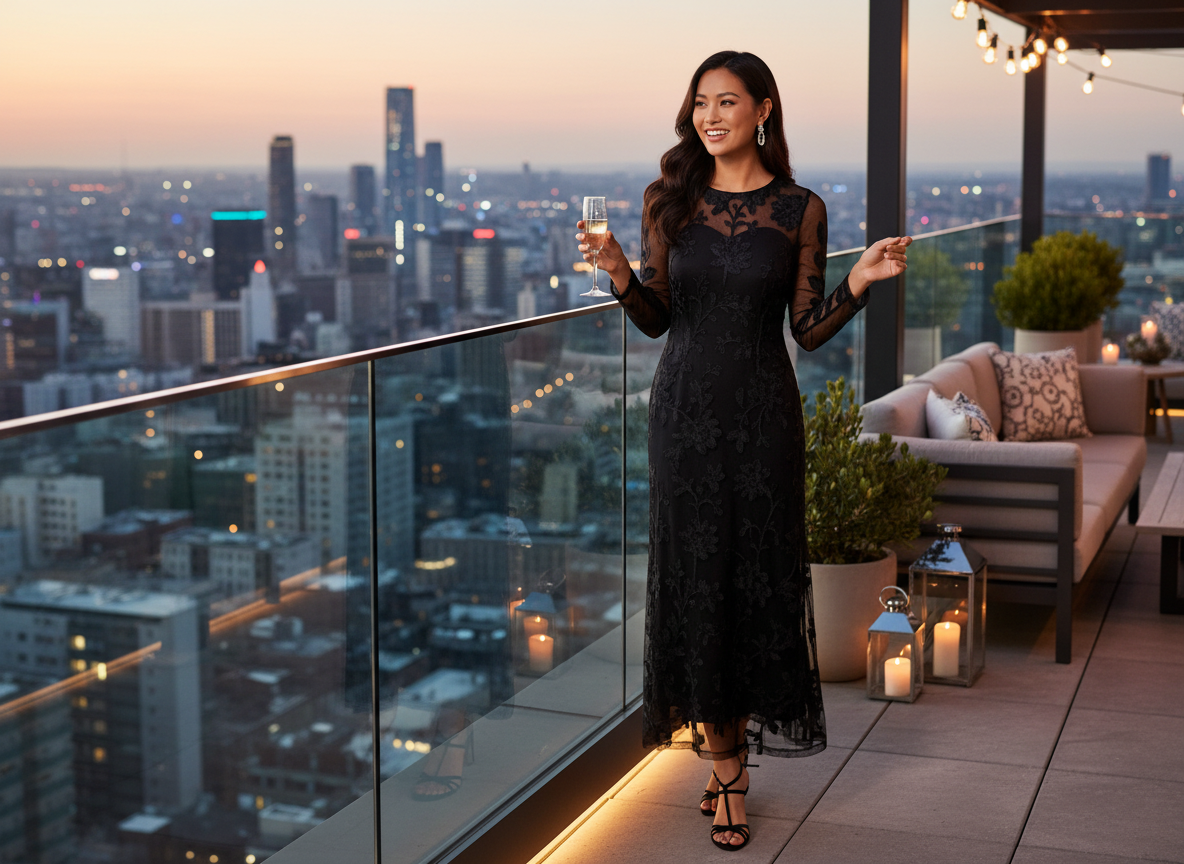 Elegante Frau auf einer Dachterrasse bei Sonnenuntergang mit Skyline im Hintergrund