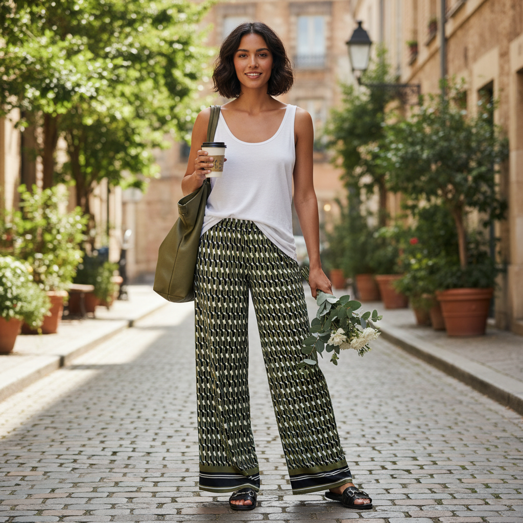 Elegante grüne Stoffhose mit hellem Pullover im Stadtlook