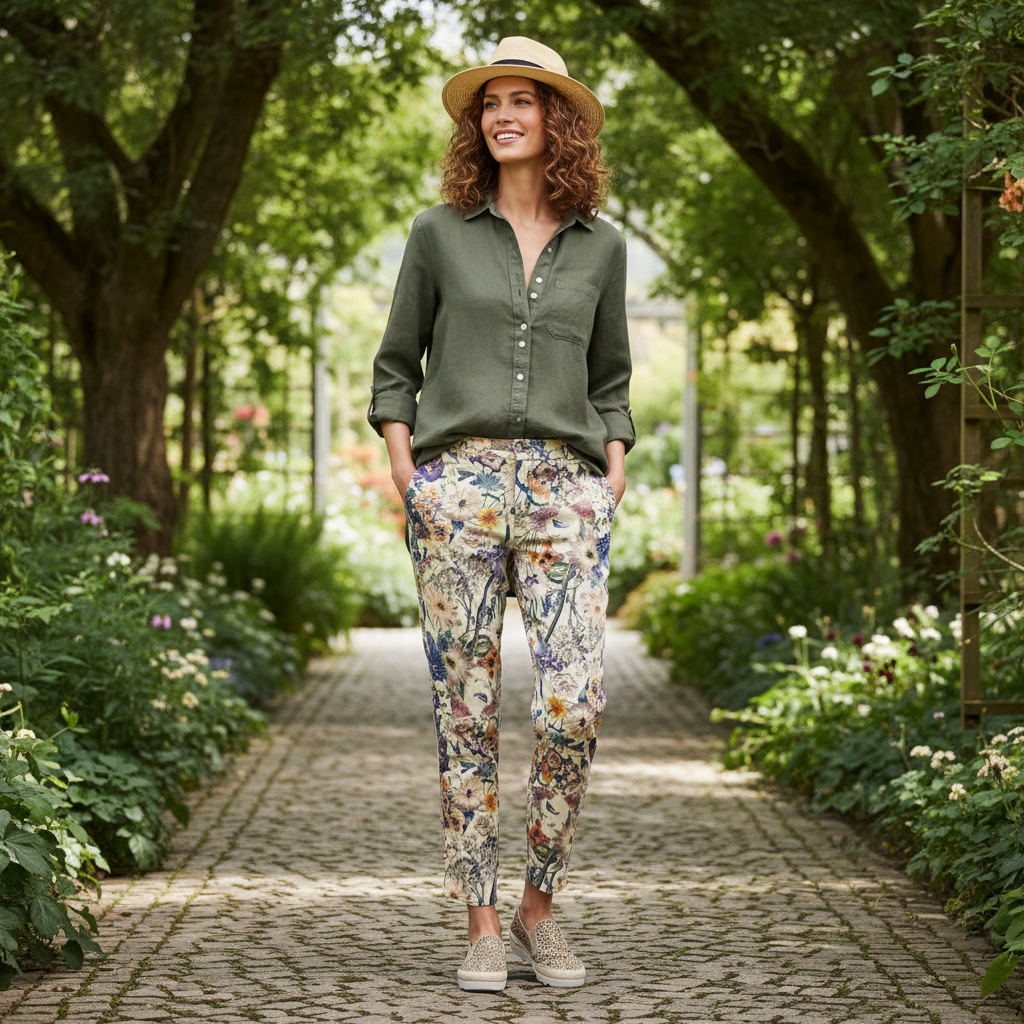 Grüne Seidenbluse mit cremefarbener Hose in einem hellen Interieur