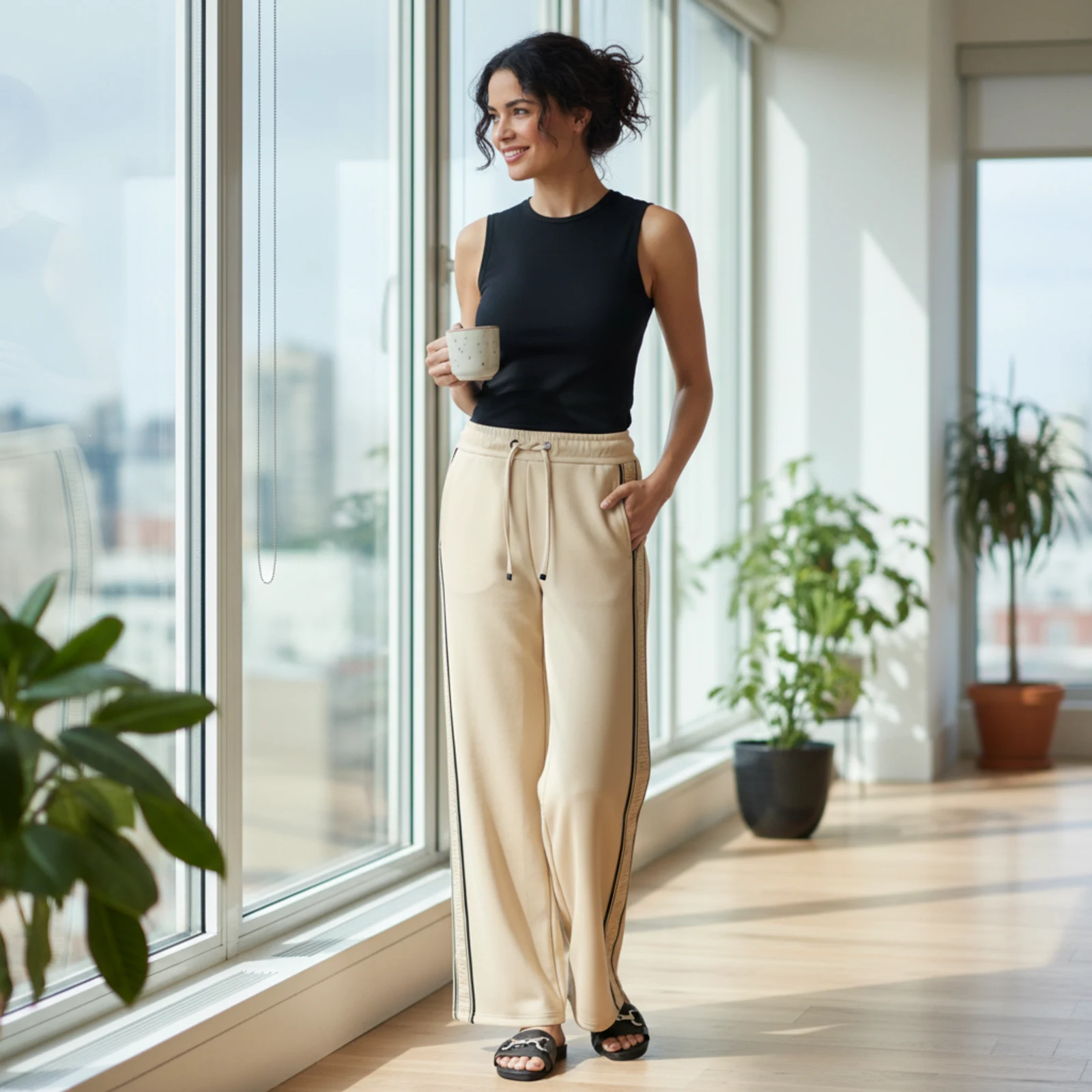 Fließende Modalhose mit Bluse und Blazer beim Stadtbummel Fließende Modalhose mit Bluse und Blazer beim Stadtbummel