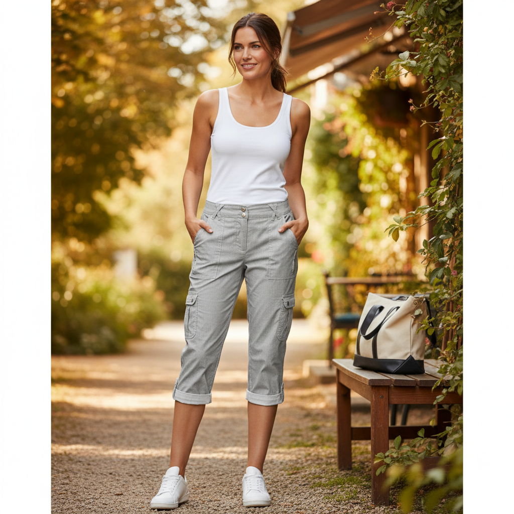 Moderne7/8-Hose beim Spaziergang an der Uferpromenade