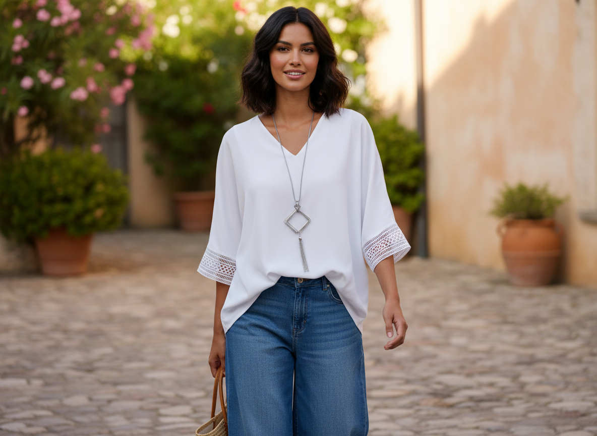 Femininer Spätsommer-Look auf einer sonnigen Terrasse
