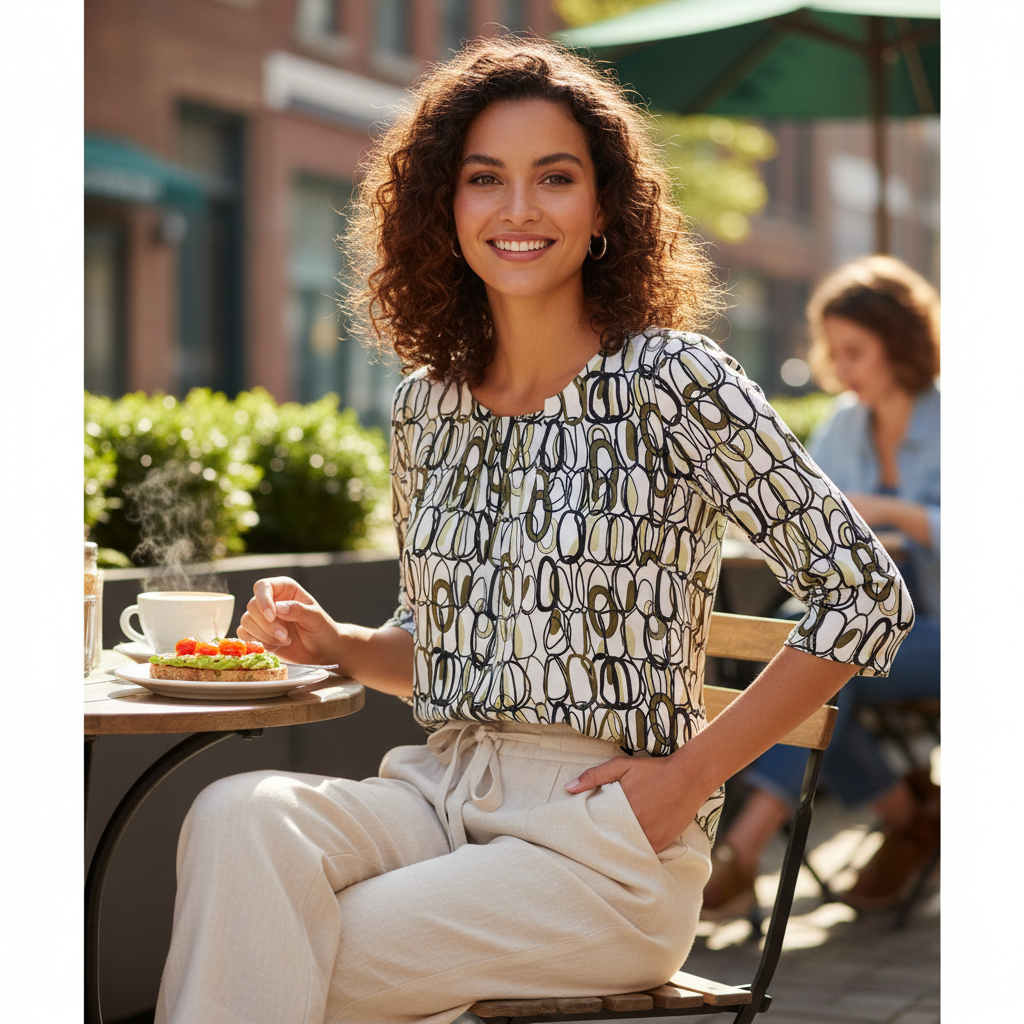 Frau in einem feinen Oberteil beim Brunch im lichtdurchfluteten Wintergarten