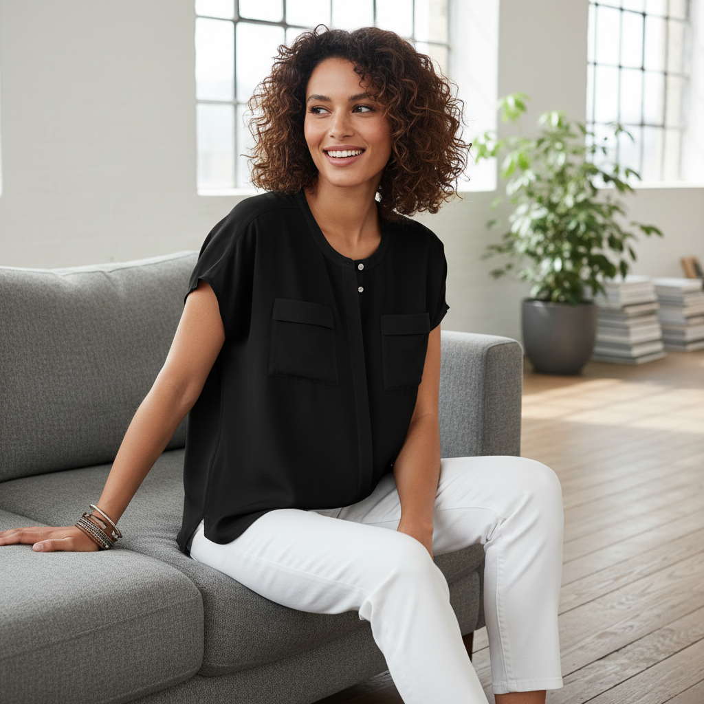 Fließende Oversize-Bluse bei einem sommerlichen Restaurantbesuch