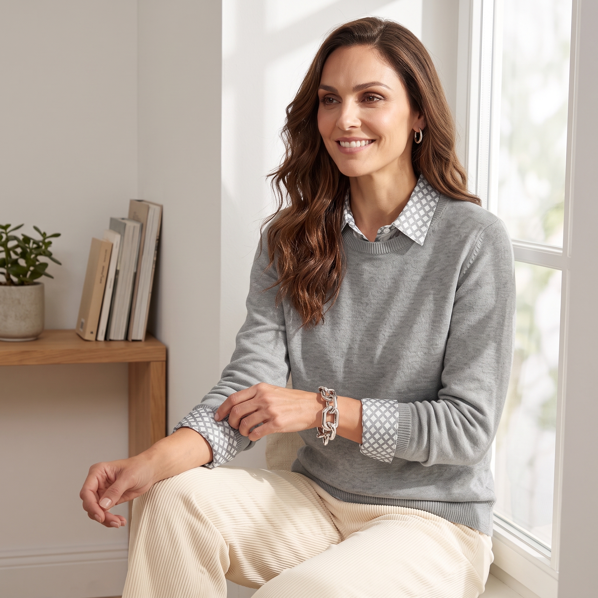 Elegante Bluse mit sichtbarem Kragen unter einem feinen Pullover