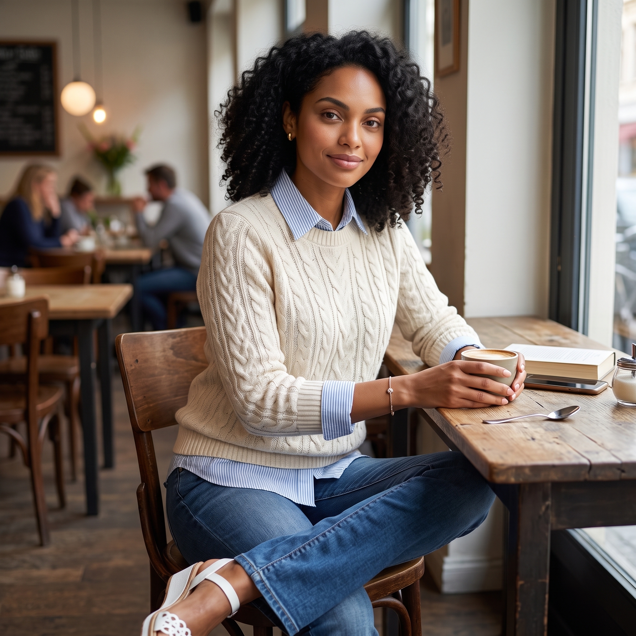 Moderner Freizeitlook mit Bluse, Pullover und Jeans auf einer urbanen Shoppingtour