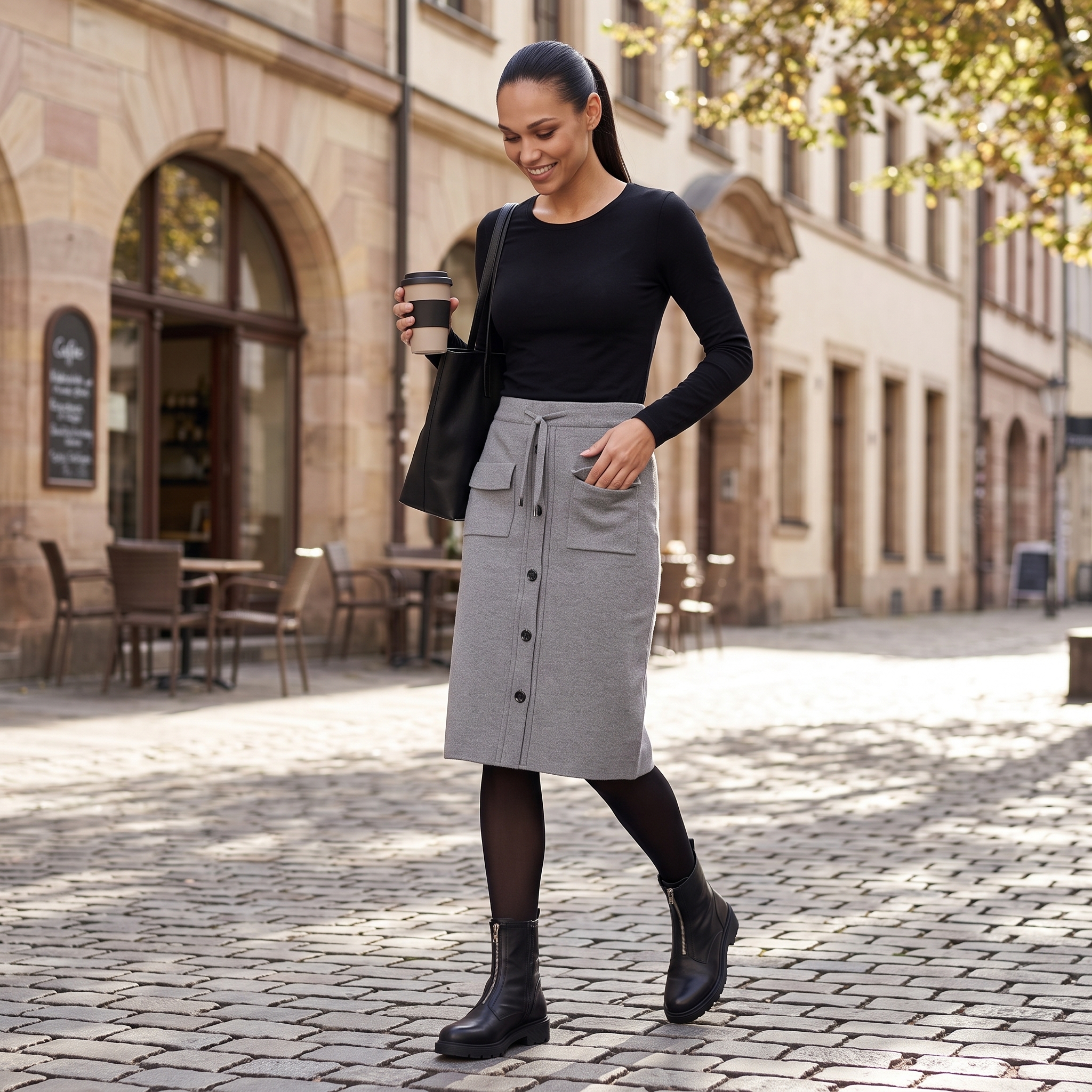 A-Linien-Rock mit Strickpullover und Mantel bei einem winterlichen Stadtspaziergang