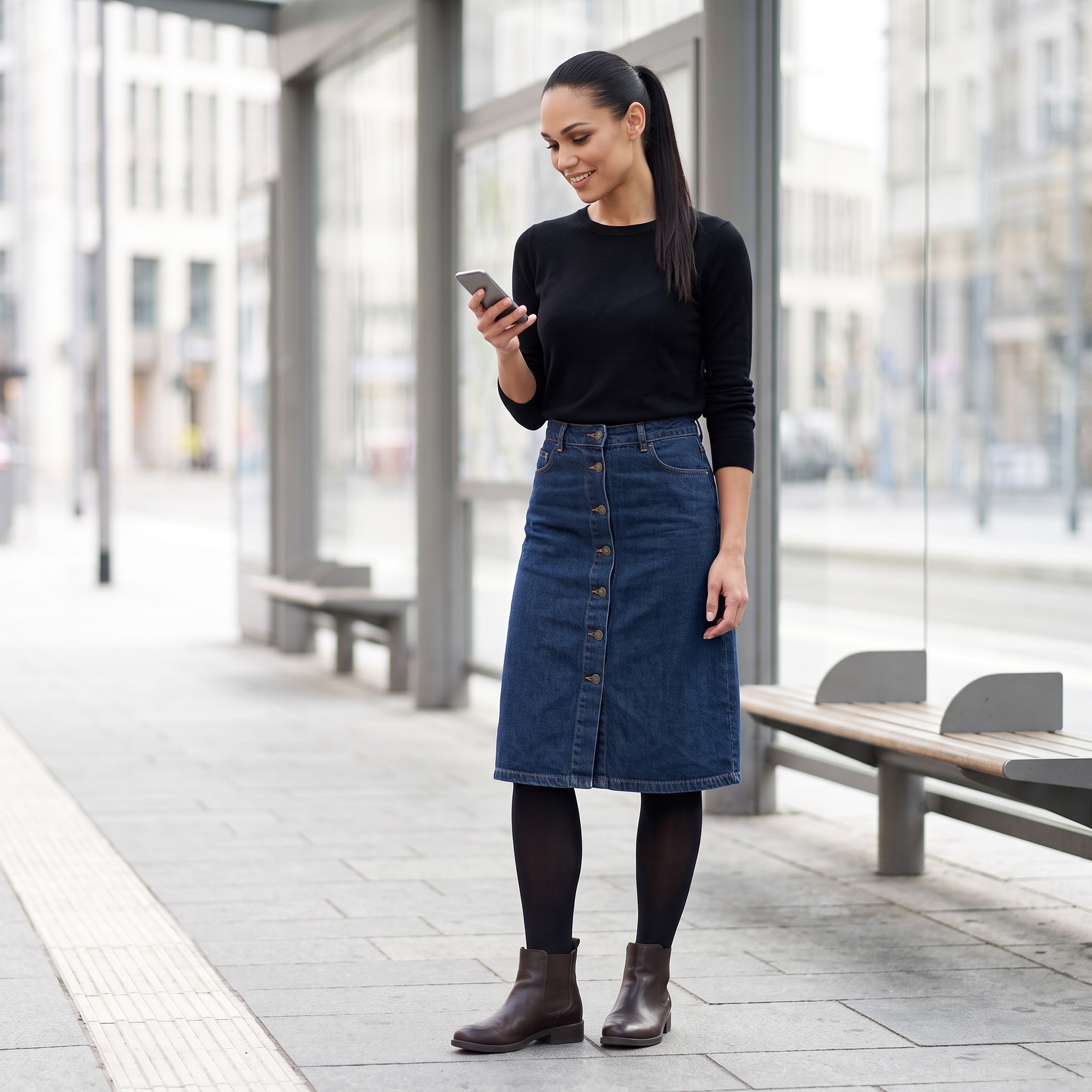 Winterliches Outfit mit blickdichter Strumpfhose, Midirock und kuscheligem Strickpullover