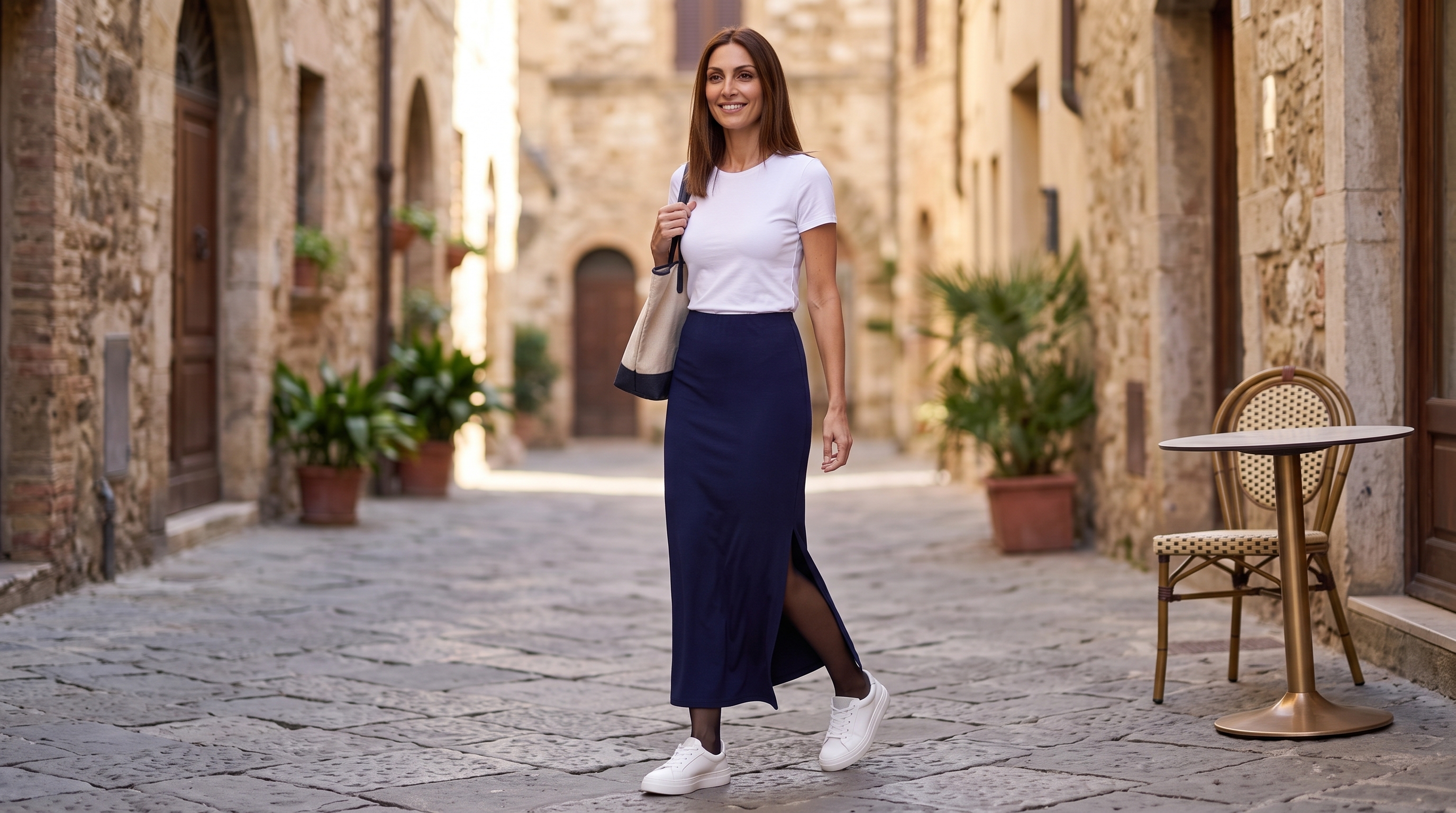 Feminines Herbst-Outfit mit Midirock, blickdichter Strumpfhose, Stiefeln und Mantel in urbaner Kulisse