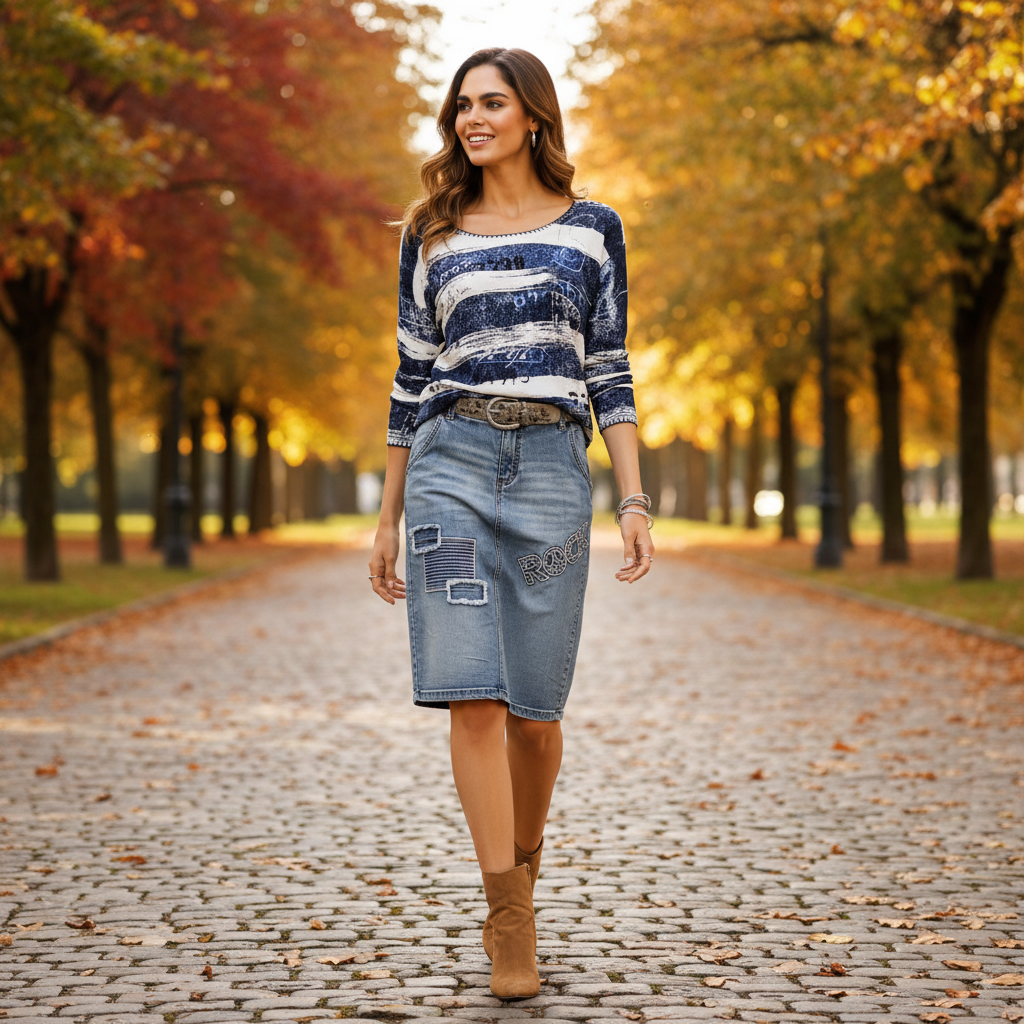 Weicher Strickpullover in Creme zu einem knieumspielenden Rock in warmem Karamellton