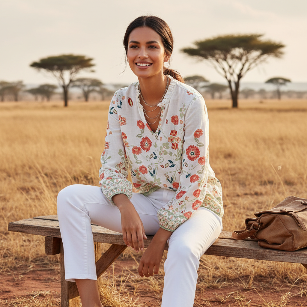 Bluse in Sand und Creme zu goldfarbenem Schmuck in sommerlicher Atmosphäre