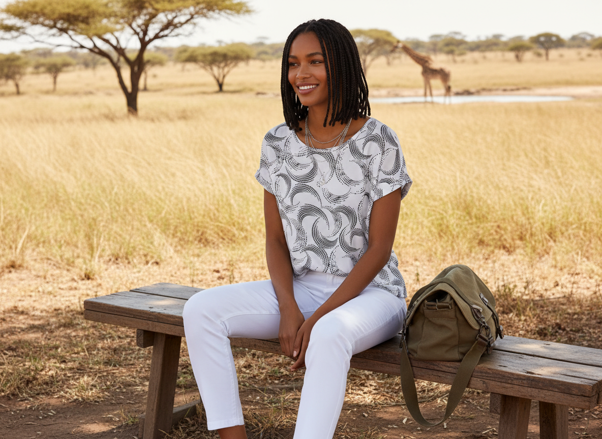 Femininer Safari Look in warmem Licht vor urbaner Kulisse mit Naturtönen und eleganter Haltung