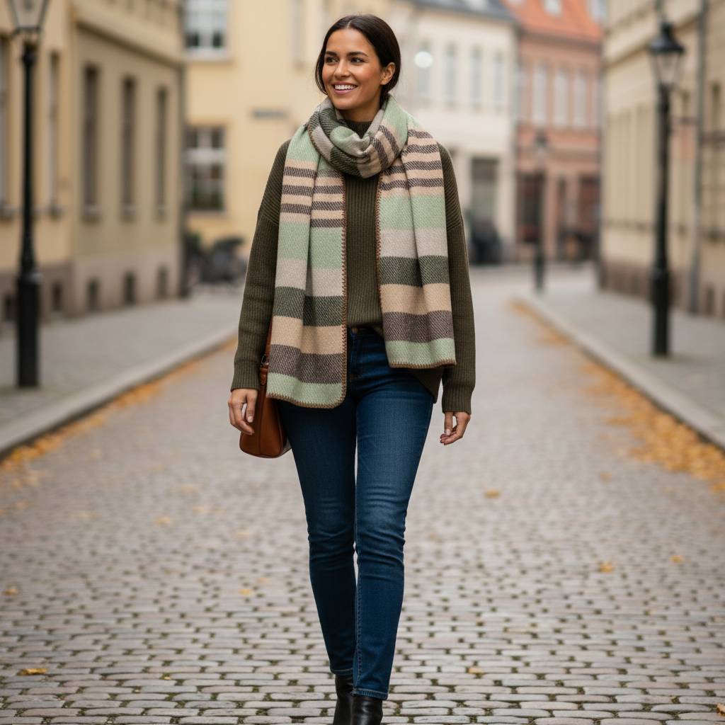 Feiner Schal locker über einer Bluse in gedeckten Farben