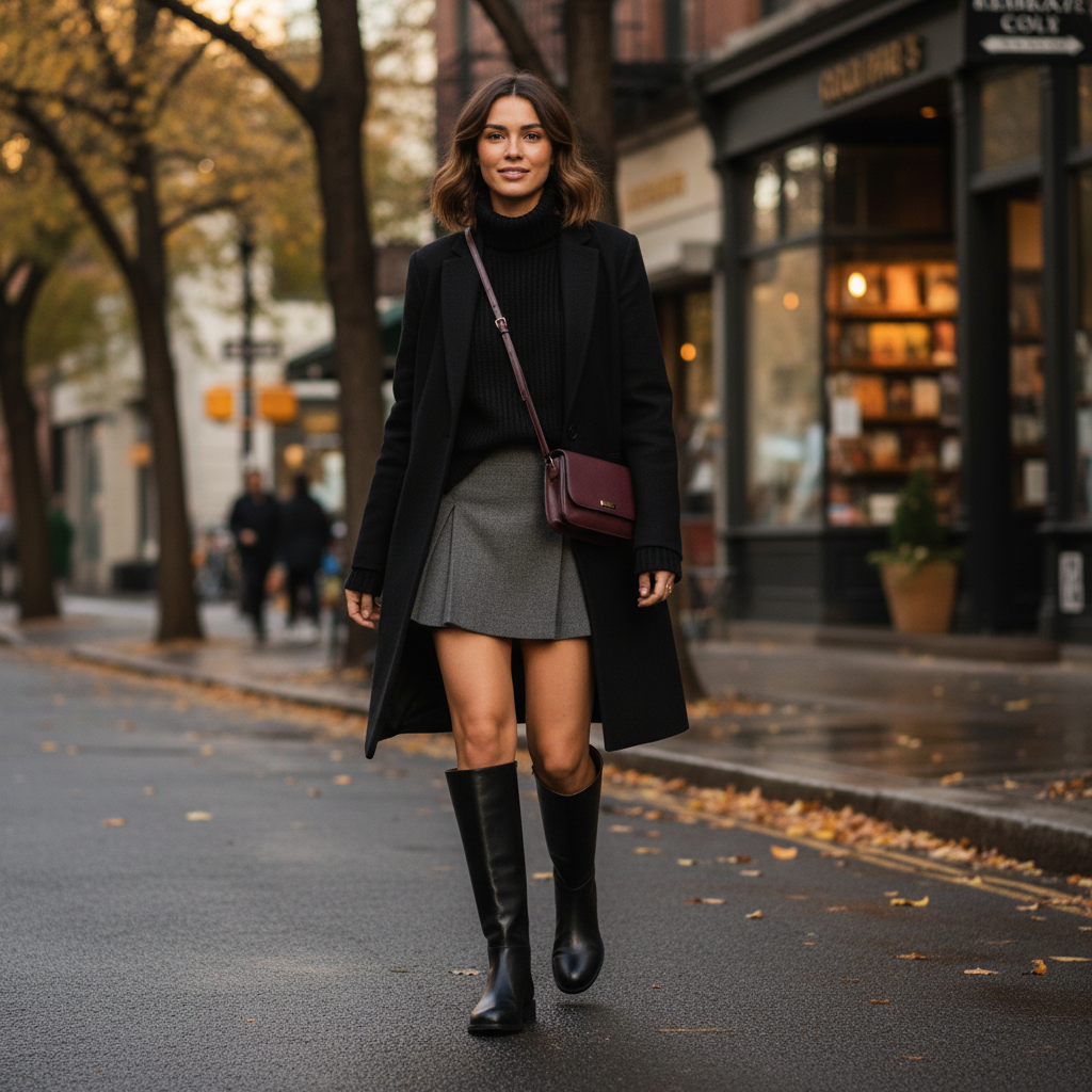Detailaufnahme eines hohen schwarzen Stiefels mit feiner Lederstruktur