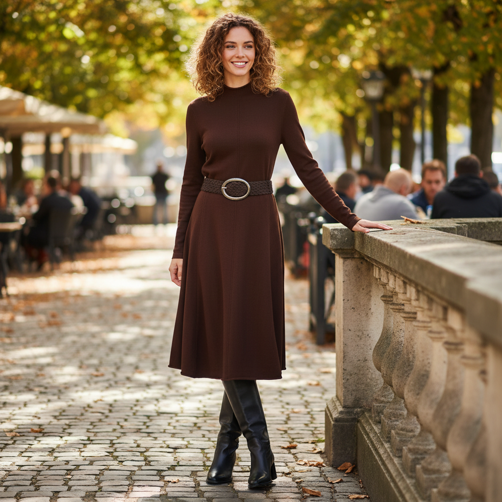 Frau in elegantem Midikleid und hohen schwarzen Stiefeln in einem stilvollen Restaurant