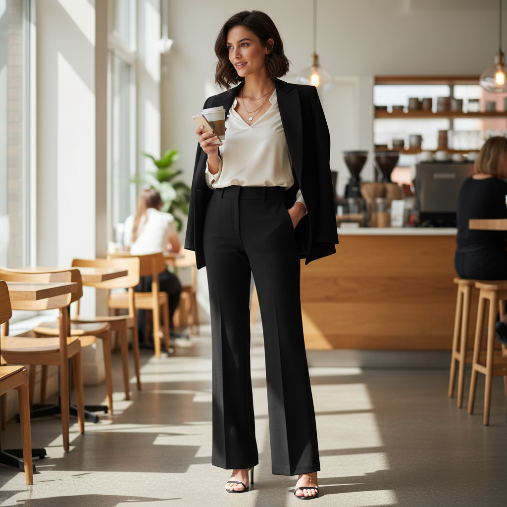 Schwarze Hose mit eleganter Bluse in einem stilvollen Restaurant