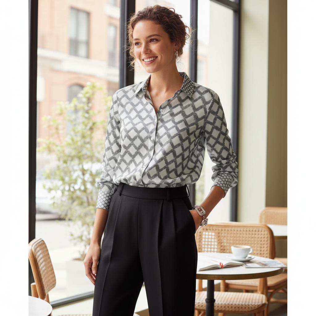 Lockere Bluse zur schwarzen Hose in heller Farbnuance für einen stilbewussten Tageslook