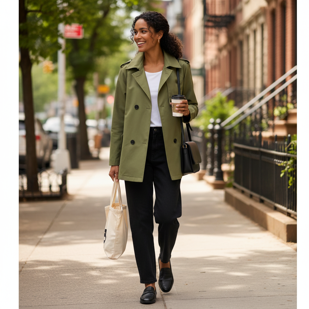 Schwarze Hose mit eleganter Übergangsjacke bei einem Spaziergang durch die Stadt im frühen Herbst