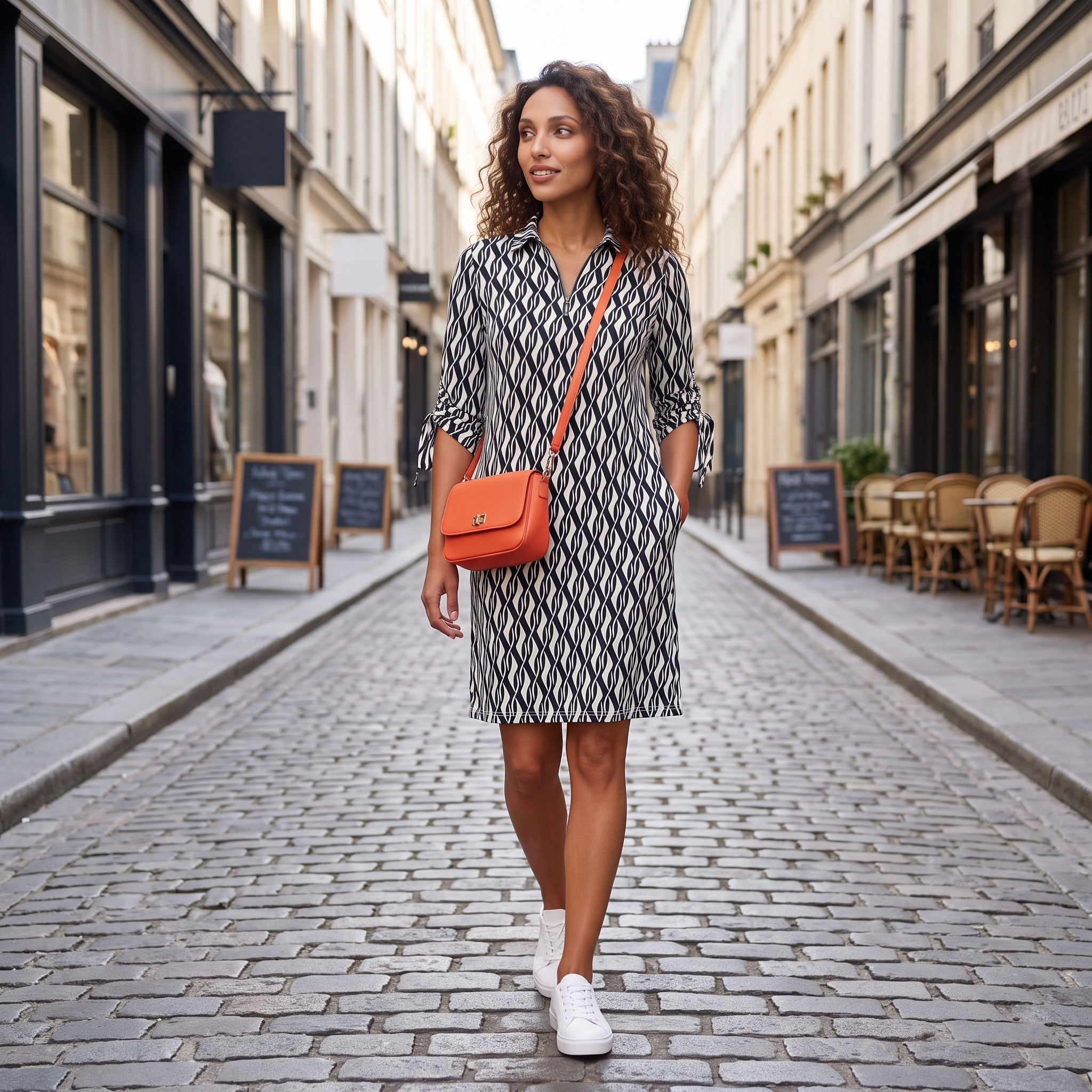 Lässiger Tageslook mit schwarzem Kleid in einer lebendigen Innenstadt