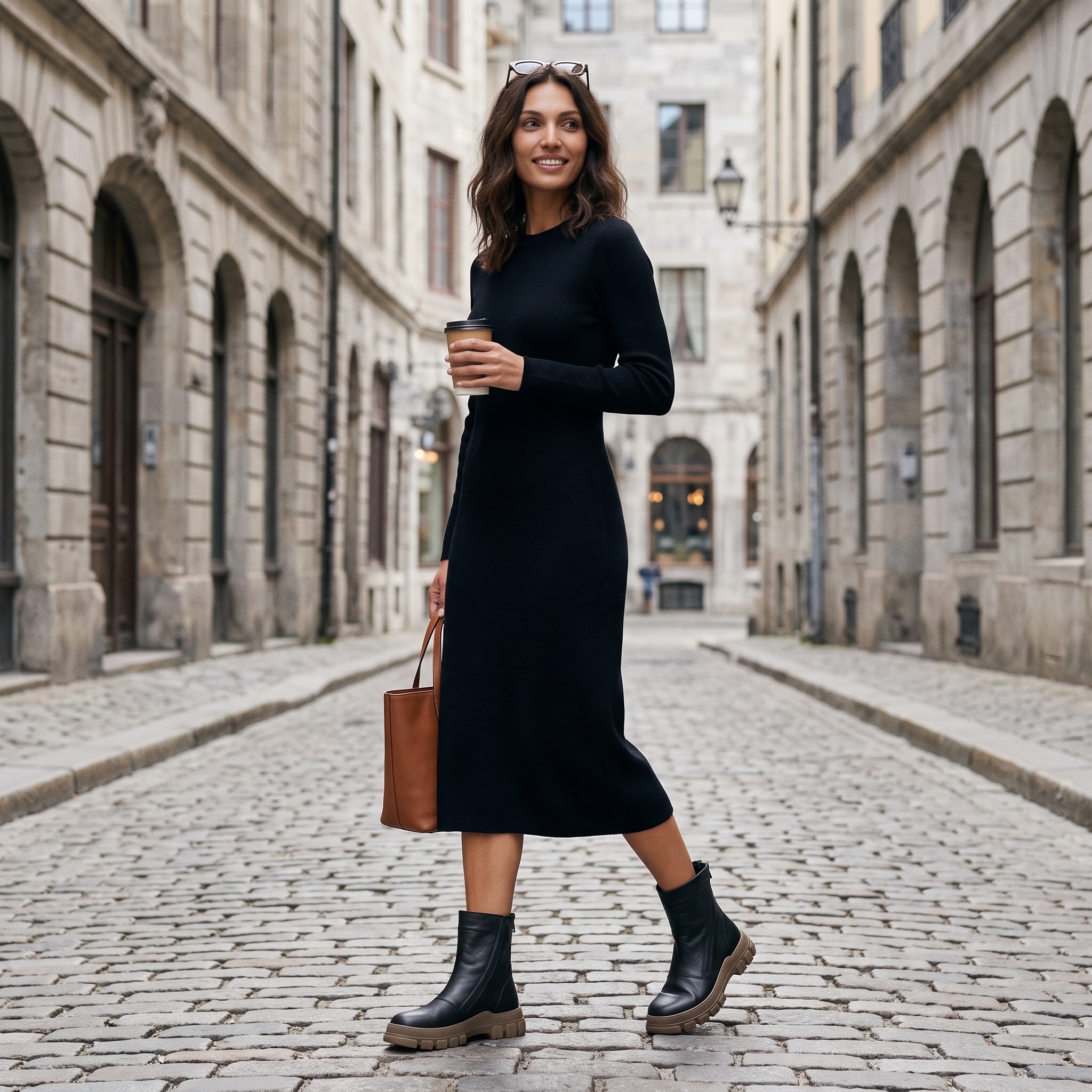 Schwarzes Kleid mit markanten Boots auf einer nächtlichen Stadtterrasse