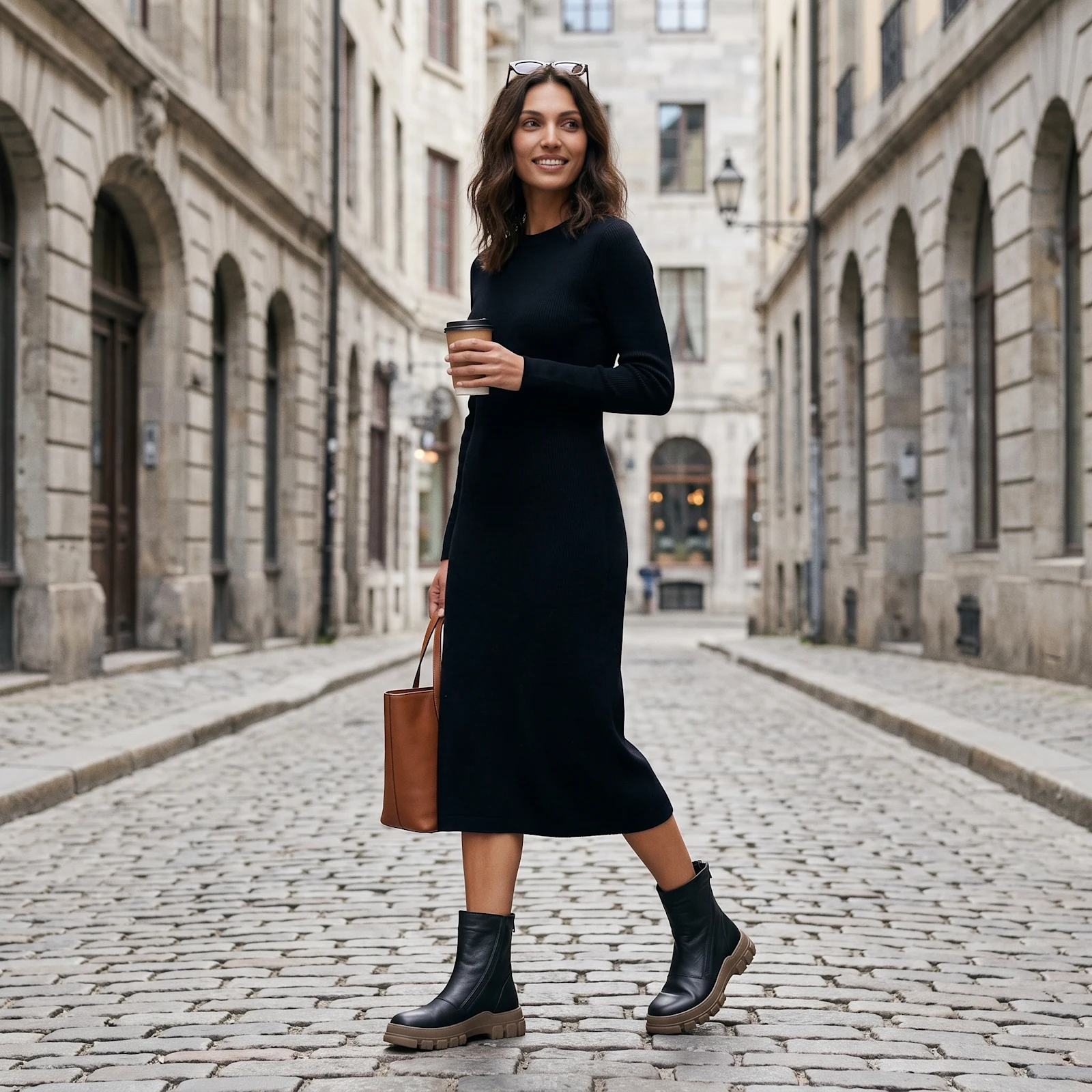 Schwarzes Kleid mit markanten Boots auf einer nächtlichen Stadtterrasse Schwarzes Kleid mit markanten Boots auf einer nächtlichen Stadtterrasse