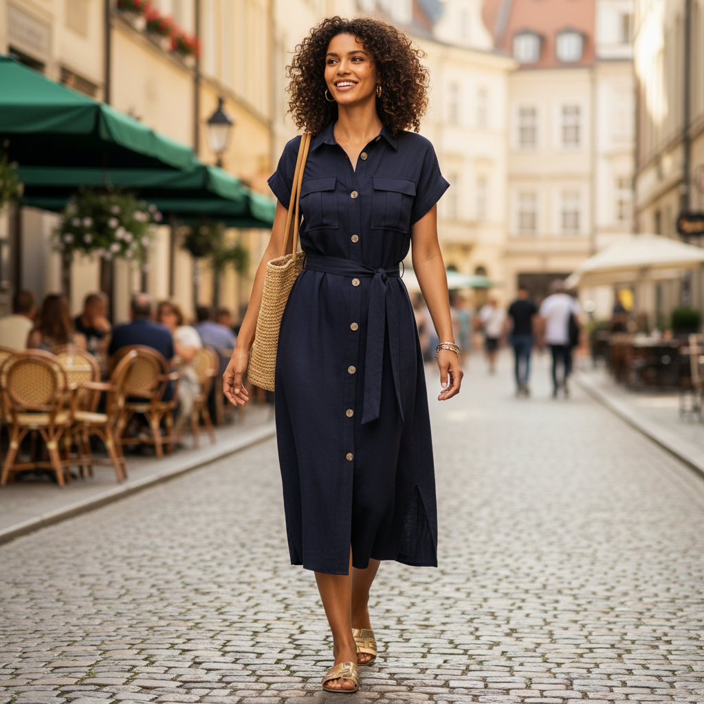 Fließendes Maxikleid in warmem Sandton vor einer Galerie