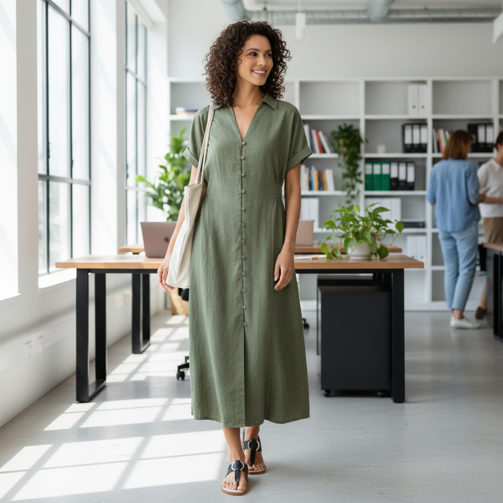 Feminines Hemdkleid in klarer Linie vor urbaner Sommerkulisse