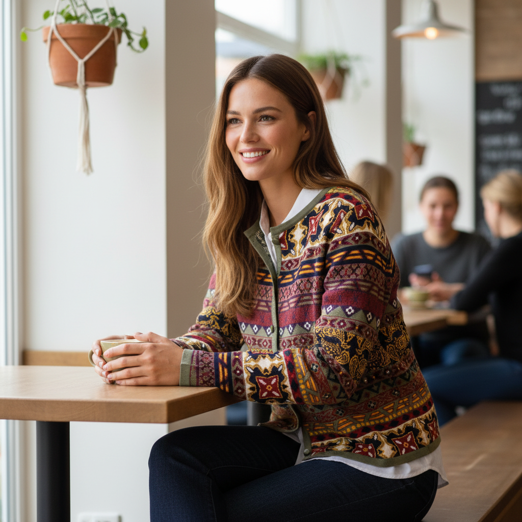 Lange Strickjacke über monochromem Outfit im Stadtlook